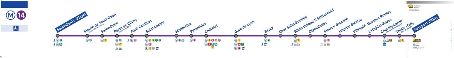 Схема 14 линии метро Парижа до аэропорта Орли со всеми пересадками
