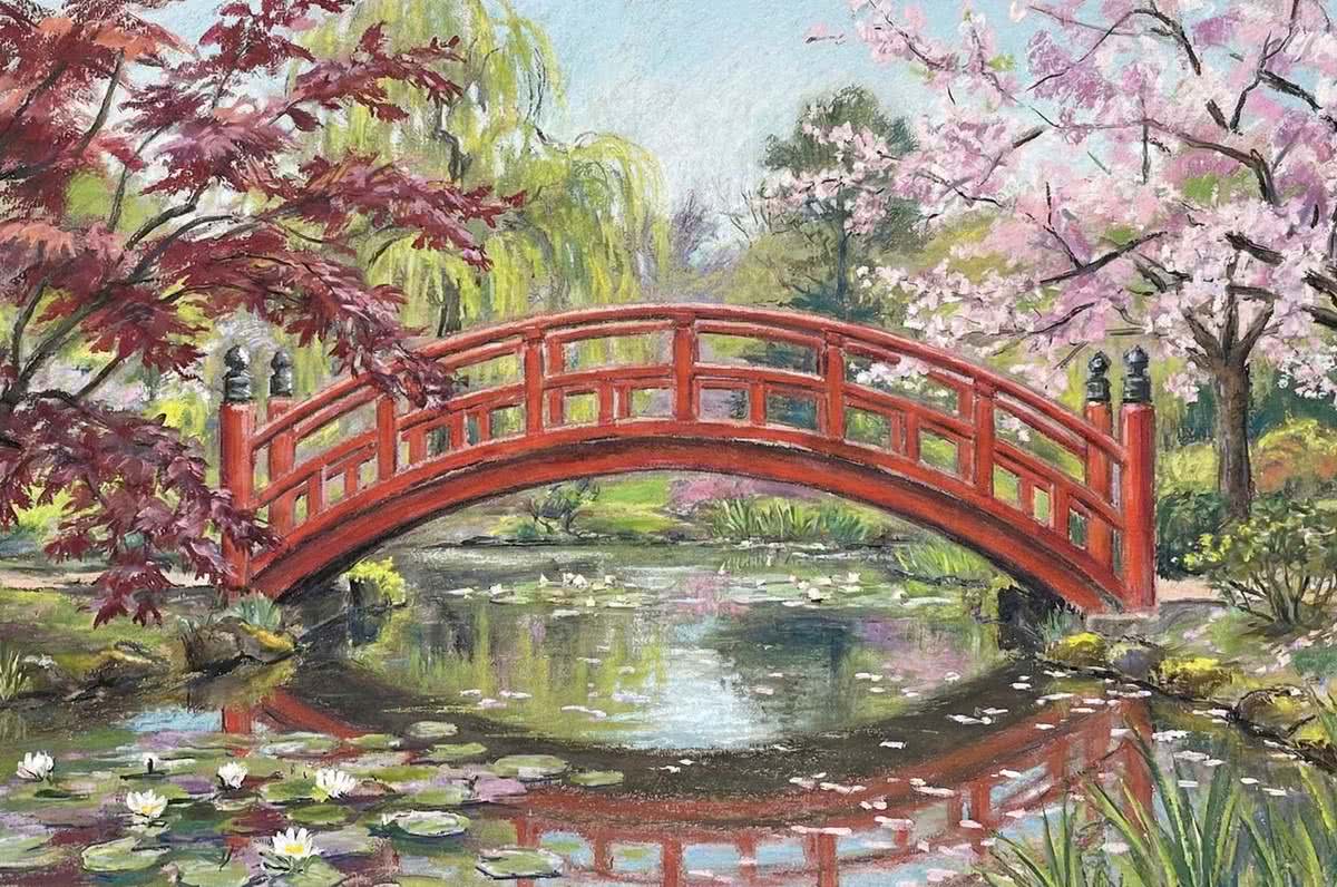 Японский красный мост в Parc Edmond de Rothschild