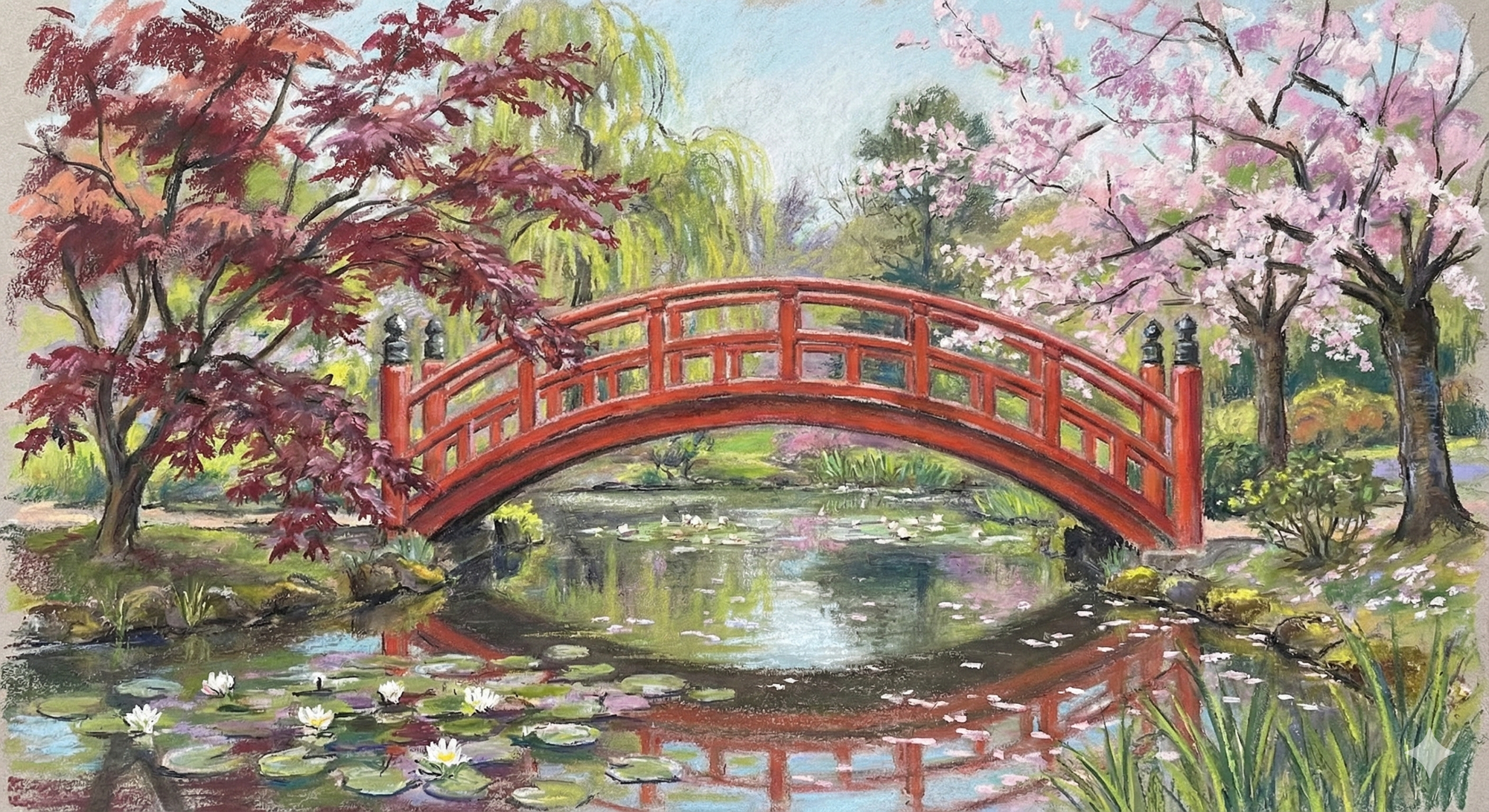 Японский красный мост в Parc Edmond de Rothschild