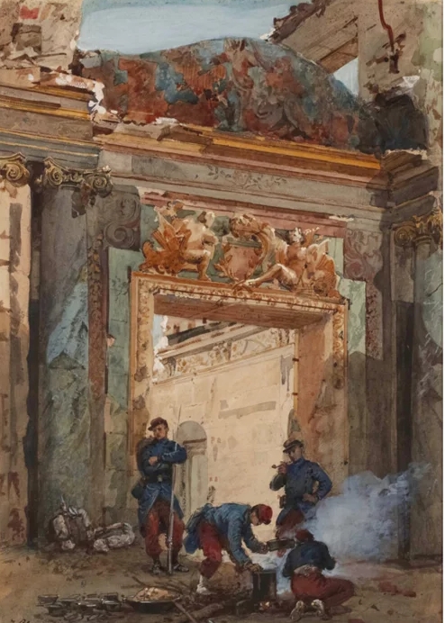 Солдаты у огня возле руин дворца Сан-Клу