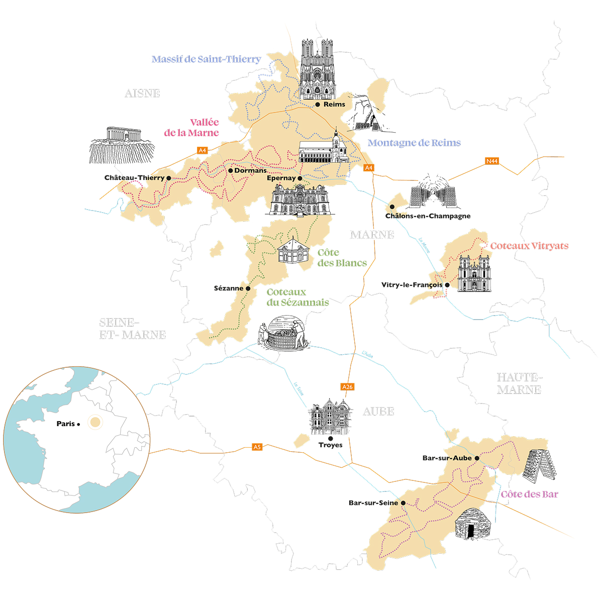 Route du Champagne - карта маршрутов по региону Шампань